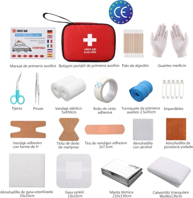 68bcac2ce78213b88a929c6a577713cd9e3e02a772bd3689d1967.jpg HONYAO® Botiquín de Primeros Auxilios 90 Piezas, Mini Kit Primeros Auxilios, Botiquin Pequeño para Coche Casa Lugar Trabajo Mochila y Acampar Senderismo Viaje