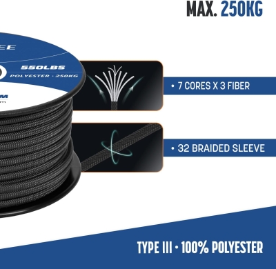 68be17c7b955d763b15893d23c2cb448f9eb0c3c7684e3241f1ed.jpg Brotree 550 Paracord 4mm 15m Cuerda Paracaidas 100% Poliéster Tipo III 7 Hebras para Al Aire Libre, Exterior, Supervivencia - Negro