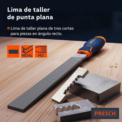 68c07d74cc37ebee847ad523c069a8dc41252f719b4b8a6fba8e2.jpg Presch Lima plana 200mm - Corte de tres lados para limar piezas en ángulo recto de metal y madera - Lima plana de alta calidad