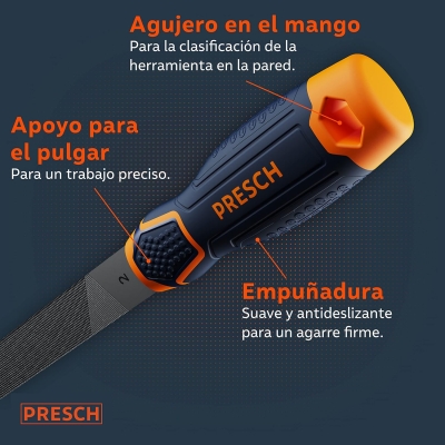 68c07d76b8958c16e4cf337d8da0fd8be6c23bbe48f65cad33d8f.jpg Presch Lima plana 200mm - Corte de tres lados para limar piezas en ángulo recto de metal y madera - Lima plana de alta calidad