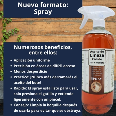 68c46209c37a235bc707b5d5390c8c9e4013bf4643b3700114ec9.jpg La Baille - Aceite de linaza para madera en pulverizador - Fácil de usar, para interior y exterior. Protege, impermeabiliza y realza el color en muebles, suelos y carpintería.