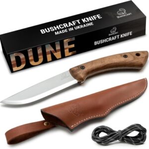 BeaverCraft Cuchillo Bushcraft Cuchillo de hoja fija con funda de cuero Cuchillo para acampar Cuchillo de espiga completa Cuchillos Bushcraft de acero al carbono | BSH1 Dune