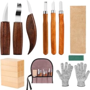 20 Piezas Juego Herramientas de Talla de Madera, Tallar Madera Gubias para adultos y niños principiantes, Juego de Cuchillos de Tallado con Bloques de Madera Guantes Resistentes