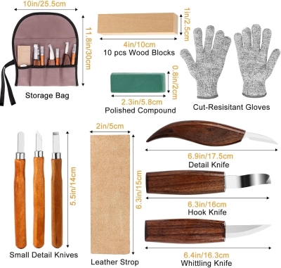 20 Piezas Juego Herramientas de Talla de Madera, Tallar Madera Gubias para adultos y niños principiantes, Juego de Cuchillos de Tallado con Bloques de Madera Guantes Resistentes