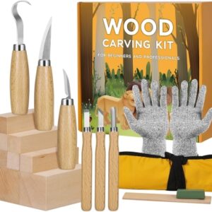 Kit de Tallado de Madera18 en 1, Kit de Cuchillos de Madera para Tallar para Principiantes, incluye 8 Bloques de Tallado de Tilo, 6 Cuchillos para Tallar, Guantes Resistentes a Cortes, Bolsa de Lona