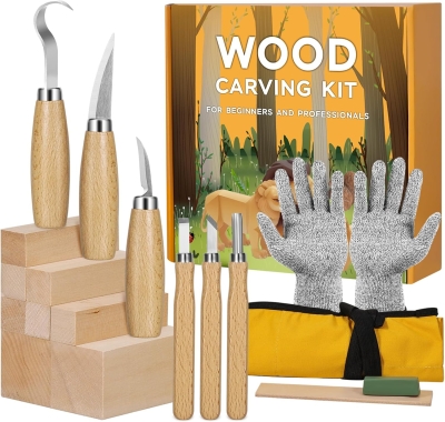 Kit de Tallado de Madera18 en 1, Kit de Cuchillos de Madera para Tallar para Principiantes, incluye 8 Bloques de Tallado de Tilo, 6 Cuchillos para Tallar, Guantes Resistentes a Cortes, Bolsa de Lona