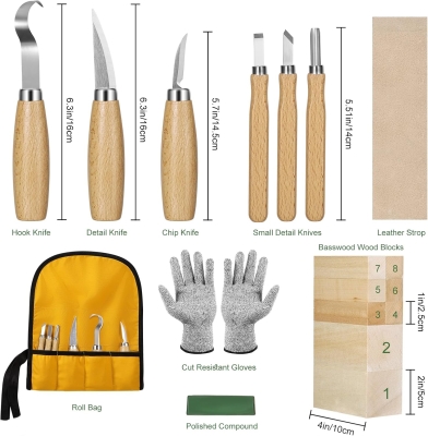 Kit de Tallado de Madera18 en 1, Kit de Cuchillos de Madera para Tallar para Principiantes, incluye 8 Bloques de Tallado de Tilo, 6 Cuchillos para Tallar, Guantes Resistentes a Cortes, Bolsa de Lona