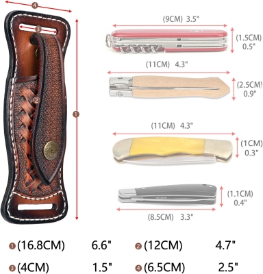 TOURBON Funda de Cuero Vacuno para Cuchillos, para cinturón, Plegable, de 10 cm, Funda EDC con Cierre a presión