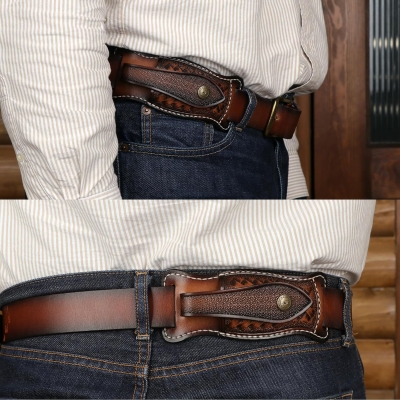 TOURBON Funda de Cuero Vacuno para Cuchillos, para cinturón, Plegable, de 10 cm, Funda EDC con Cierre a presión