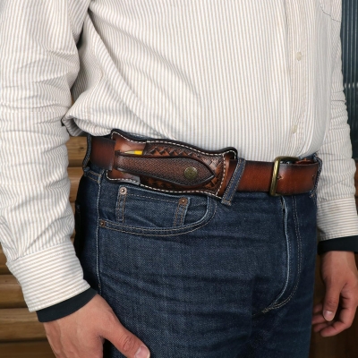 TOURBON Funda de Cuero Vacuno para Cuchillos, para cinturón, Plegable, de 10 cm, Funda EDC con Cierre a presión