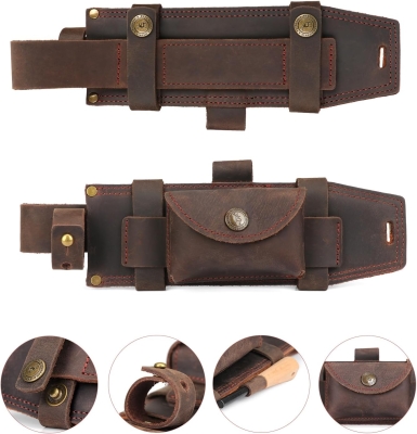 TOURBON - Funda de cuero para cuchillo de hoja fija para cinturón, funda de cuchillo recto con soporte para arrancador de fuego y bolsillo