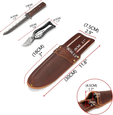 TOURBON - Funda de piel auténtica para cuchillos de jardín, tijeras de podar, funda para herramientas, dos bolsillos