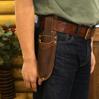 TOURBON - Funda de piel auténtica para cuchillos de jardín, tijeras de podar, funda para herramientas, dos bolsillos