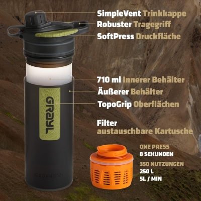 GRAYL GeoPress 710ml Filtro de agua para exteriores Agua potable I Elimina el 99,99% de todas las bacterias y virus I Perfecto para camping, supervivencia y viajes