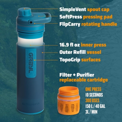 GRAYL UltraPress 500ml Filtro de agua para exteriores Agua potable I Elimina el 99,99% de todas las bacterias y virus I Perfecto para camping, supervivencia y viajes