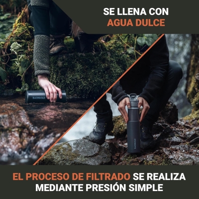 BACHGOLD® Botella filtro purificador para exterior [500ml] capacidad de filtrado 1500L I Elimina el 99,99 % de las bacterias y filtra microplásticos, partículas y cloro I Para situaciones críticas