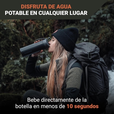 BACHGOLD® Botella filtro purificador para exterior [500ml] capacidad de filtrado 1500L I Elimina el 99,99 % de las bacterias y filtra microplásticos, partículas y cloro I Para situaciones críticas