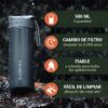 BACHGOLD® Botella filtro purificador para exterior [500ml] capacidad de filtrado 1500L I Elimina el 99,99 % de las bacterias y filtra microplásticos, partículas y cloro I Para situaciones críticas