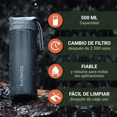 BACHGOLD® Botella filtro purificador para exterior [500ml] capacidad de filtrado 1500L I Elimina el 99,99 % de las bacterias y filtra microplásticos, partículas y cloro I Para situaciones críticas