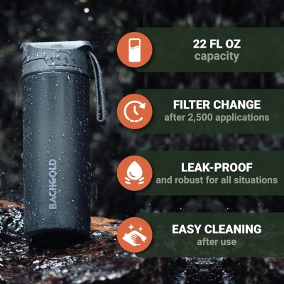 Bachgold Filtro de agua para exteriores con capacidad de filtro de 1500 l, elimina el 99,99% de todas las bacterias y filtra virus, partículas y metales pesados, a prueba de apagones y crisis