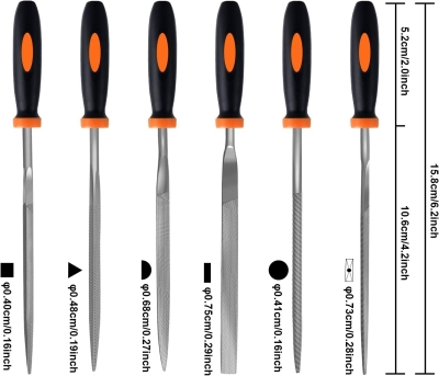 6 Pcs Juego de limas y escofinas,Preciva Juego de limas multiusos en acero con alto contenido de carbono incluye lima plana,triángulo,semirredondas,redondas,para metal,madera etc