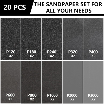 68c6de3c6b456dfd3e9bf2e38a39230c7dff9a6cf8b9b51e8d2d3.jpg Sruhrak 93x230mm Papel de Lija al Agua, 20 Piezas de Lija de Grano 120 a 3000 para la Preparación de Superficies de Madera, Metal, Automoción y Plástico.