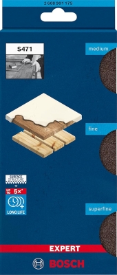68c6e01247e9f416e27e973c4ad13183417d11b7aa780d6accf4b.jpg Bosch Professional 3X Tacos Expert S471 convencionales (para Madera Blanda, Pintura sobre Madera, 69 x 97 x 26 mm, Grado de finura Medio/Fino/Muy Fino, Accesorios Lijado Manual)