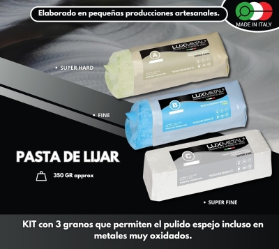 68c6e76fa5809c646f4a501daf6d642f74b53e4afdb7f775d91db.jpg Lux Metal - Kit 3 Pastas de Pulido Abrasivas 350 gr A-B-C Set de Pulido Acero Inoxidable Cera Sólida para Pulir Metales Espejo Aluminio Abrillantadores Cromo Madera Plexiglás Mármol Cobre Plástico