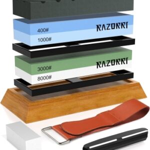 68c6e92c1e802da25ca58b1896452c8568ebcc3e3ac72d7afa1d4.jpg Razorri Juego de piedras de afilar, piedras de afilar de grano 400/1000 y 3000/8000 de doble cara con piedra de nivelación y piedra plana, guía angular, base de bambú, tiras de cuero