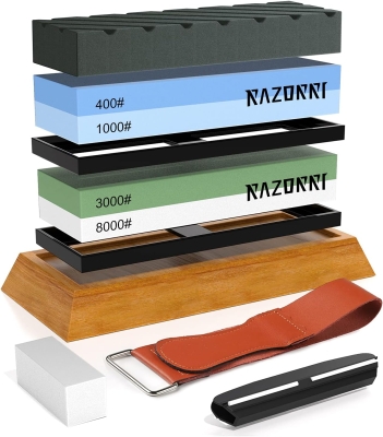68c6e92c1e802da25ca58b1896452c8568ebcc3e3ac72d7afa1d4.jpg Razorri Juego de piedras de afilar, piedras de afilar de grano 400/1000 y 3000/8000 de doble cara con piedra de nivelación y piedra plana, guía angular, base de bambú, tiras de cuero