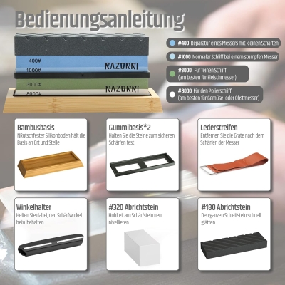 68c6e92c6c76d02608436fac990b578ee01f59ae2e1a86d191f0b.jpg Razorri Juego de piedras de afilar, piedras de afilar de grano 400/1000 y 3000/8000 de doble cara con piedra de nivelación y piedra plana, guía angular, base de bambú, tiras de cuero