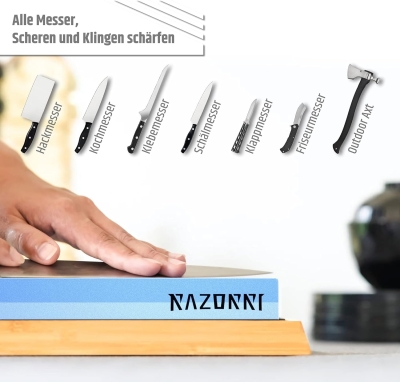 68c6e92c9e48da92aee93525eaf51567fb8dcc7813fe1dbf9a99b.jpg Razorri Juego de piedras de afilar, piedras de afilar de grano 400/1000 y 3000/8000 de doble cara con piedra de nivelación y piedra plana, guía angular, base de bambú, tiras de cuero