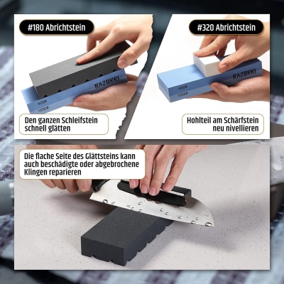 68c6e92d11552c5c92d16d57ce61315b8457eb16a3da95a092e4f.jpg Razorri Juego de piedras de afilar, piedras de afilar de grano 400/1000 y 3000/8000 de doble cara con piedra de nivelación y piedra plana, guía angular, base de bambú, tiras de cuero