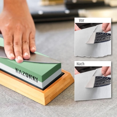 68c6e92d41e5f246c13436733f646d8cce885fc29419f59169eb9.jpg Razorri Juego de piedras de afilar, piedras de afilar de grano 400/1000 y 3000/8000 de doble cara con piedra de nivelación y piedra plana, guía angular, base de bambú, tiras de cuero