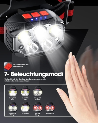 68c6efb2e012e608d987ef104a744190c142d6c601a4975a76290.jpg XIAZIR Copic Linterna frontal de 1100 lúmenes, con sensor recargable por USB, 7 modos, con luz roja, 90°, IP4, resistente al agua, correr, camping (1 unidad)