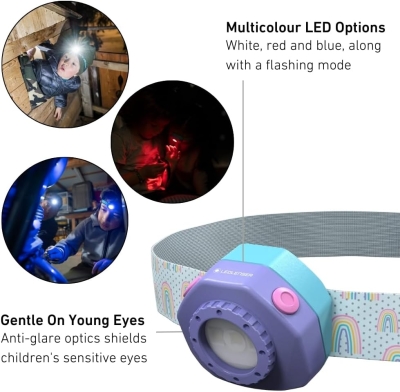68c6f4e8337566c2a1dc3feeeaf33cb6bf3848a26ce295dbfe6d9.jpg Ledlenser KIDLED4R Linterna frontal LED para niños en color lila | Lámpara de cabeza LED recargable de bajo consumo | 4 modos de color y función de parpadeo | Lámparas infantiles para niños | Linterna