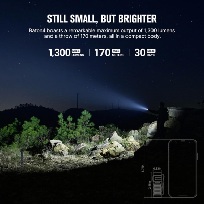 OLIGHT Baton 4 Mini EDC Linterna de 1300 Lúmenes, 170 metros de Alcance, Impermeable IPX8, Lámpara de Mano Recargable y Batería Potente 650 mAh, 30 días Larga Duración