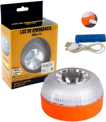 68c7cf33959b6a6a79aa08c4458fed782b2e27878a5490c678ffe.jpg MAGIC SELECT Luz de Emergencia V16 para Señalización en Carretera de Coche y Moto. Luz Amarilla Intermitente y Blanca Fija con Encendido Automático, Base Imantada y Batería Recargable. No GPS.
