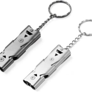 Silbato de 2 señales, silbato y llavero de acero inoxidable de 150 decibelios de alto decibelio, deportes de emergencia de supervivencia en la montaña, camping al aire libre, pesca, senderismo y caza