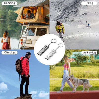 Silbato de 2 señales, silbato y llavero de acero inoxidable de 150 decibelios de alto decibelio, deportes de emergencia de supervivencia en la montaña, camping al aire libre, pesca, senderismo y caza