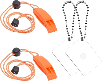 Eco-Fused 2X Silbatos de Supervivencia y 2X Espejos de Señales - Kit de Supervivencia para Exteriores con Espejo de Rescate - Silbato de Enganche con Acollador - Mochilero, Acampar, Mar