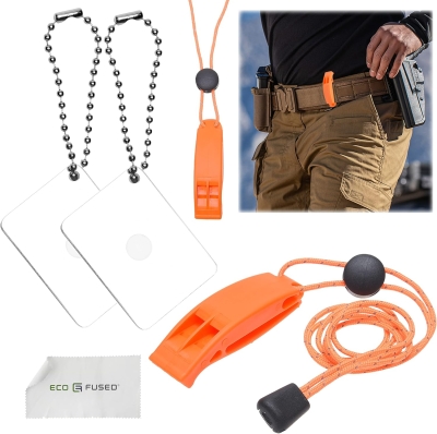 Eco-Fused 2X Silbatos de Supervivencia y 2X Espejos de Señales - Kit de Supervivencia para Exteriores con Espejo de Rescate - Silbato de Enganche con Acollador - Mochilero, Acampar, Mar