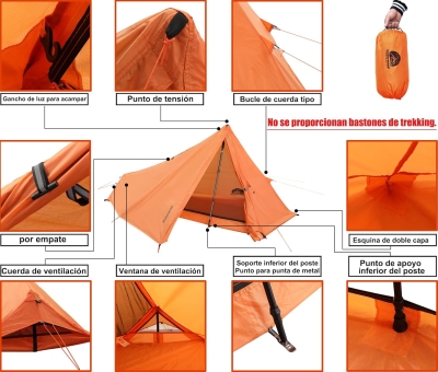 68c7e616032d3aadf9fbb64c2fe4693dc6d64cb809ec5272d466d.jpg Tienda de Campaña para 1 Persona - Tienda Ultraligera para Senderismo, Tienda Impermeable 1 Persona, Tienda Compacta 1 Hombre con Tamaño de Paquete pequeño para Ciclismo(Sin Bastones de Trekking)