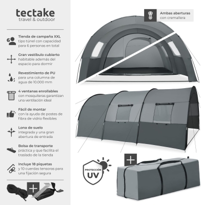 68c9346cac3c8a3ce5c704abcb386ac5f3b1cf992bfcde448291f.jpg tectake® Tienda de Campaña Familiar Tipo Túnel, Tienda Campaña XXL para 6 Personas, Tienda Campismo con Protección UV y Repelente al Agua, Cuatro Ventanas, 350x480x195 cm, con Bolsa de Transporte