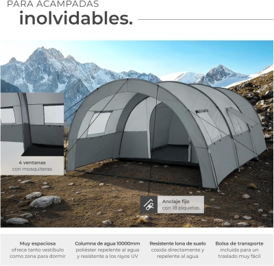 68c9346cf17f2d056a4756cb4564c4a88ea1977901aefd8a12bac.jpg tectake® Tienda de Campaña Familiar Tipo Túnel, Tienda Campaña XXL para 6 Personas, Tienda Campismo con Protección UV y Repelente al Agua, Cuatro Ventanas, 350x480x195 cm, con Bolsa de Transporte