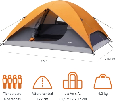 68c936bf66a0a0ac3afd7429fd064c3ecfd7776664efb2a7b1b2f.jpg Amazon Basics - Tienda de campaña con lona y bolsa de transporte impermeable para 3 estaciones, fácil instalación, 6 personas
