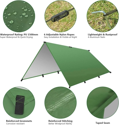 Ledeak Tienda de Campaña Tarp, 3 x 3 m Toldo de Refugio Impermeable Lona de Duradero Portatil, Hamaca Tienda de Campaña Ligera para Playa Senderismo Mochila Acampada Refugio Al Aire Libre