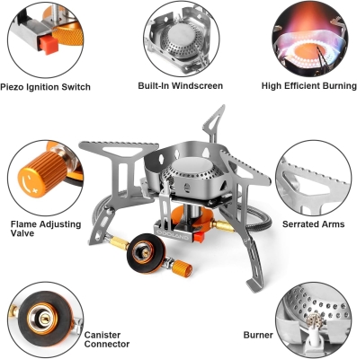Odoland Hornillos Portátiles de Camping 3500 W, Mini Estufa Plegable de Acero con Encendido Piezoeléctrico, de Gas Ultraligera y Duradera para Picnic Mochilero Senderismo