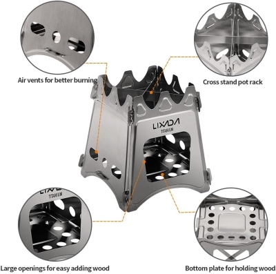 Lixada Estufa de Leña Camping Portátil Ligero Compacto Hornillo Alcohol Estufa Camping Titanio Estufa Madera Portátil para Camping Trekking Mochilero BBQ Picnic Senderismo Supervivencia Al Aire Libre