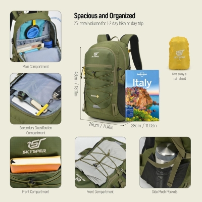 SKYSPER Mochila Senderismo, 25L Mochila Montaña Pequeña con Cubierta de lluvia para Trekking Viaje Caminhada